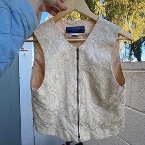 Vintage Norton McNaughton | Petite Floral Ivory Embroidered Zip Up Spring Vest
